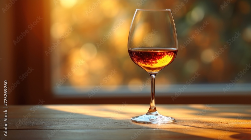 Poster  a glass of wine on a table in front of a window with the sun shining through the window pane.