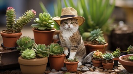 A gardener cat with a sunhat, arranging tiny pots of succulents.