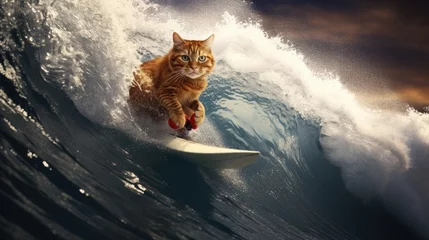 Poster A surfer cat riding a wave made of plush blankets and pillows.  © Galib