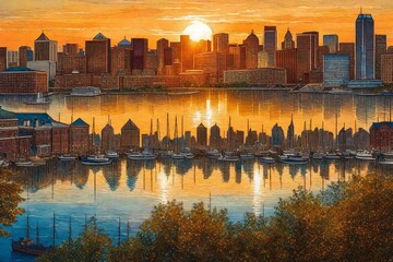 High above the Inner Harbor skyline of Baltimore, Maryland, USA, the cityscape unfolds like a living mosaic. The tranquil waters of the harbor reflect the myriad colors of the setting sun - obrazy, fototapety, plakaty