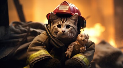 A firefighter cat rescues a plush toy from a burning building.
