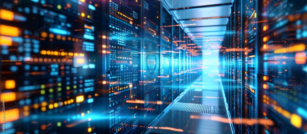 Poster big data analysis on the server room background, representing the internet and modern technology.