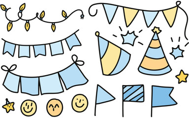 party theme line art set. hand drawn doodles