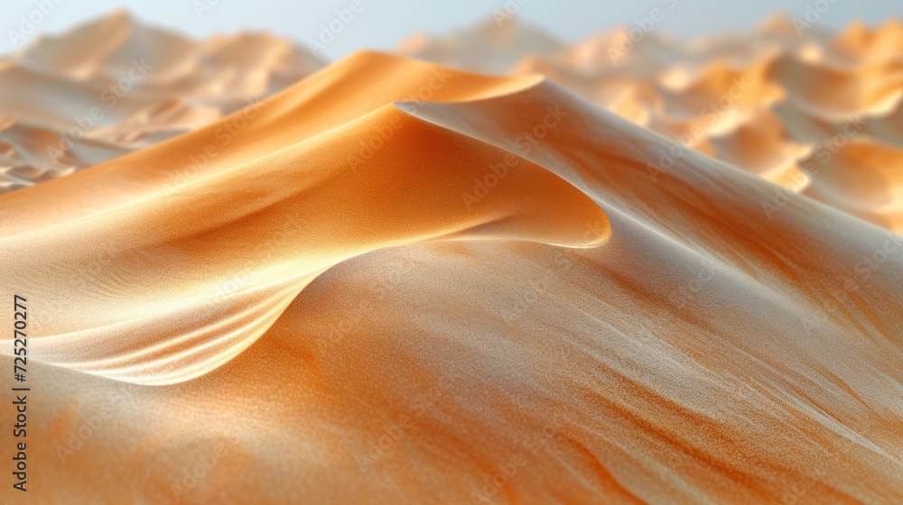 Poster  a computer generated image of a desert with sand blowing in the wind and a blue sky in the back ground.