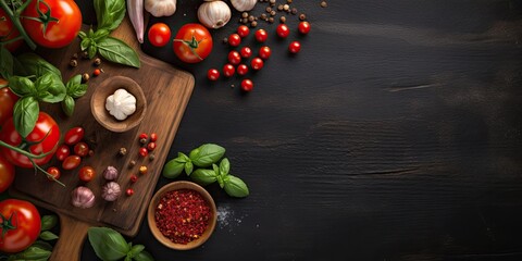 Obraz na płótnie Canvas Italian food ingredients on dark background with rustic chopping board, from above, empty space