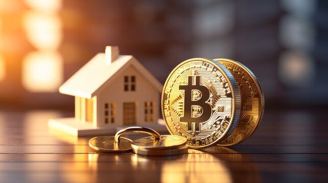 Abstract concept money in real estate. Investment housing REITS and bitcoin. Stock Market fluctuations and mortgage interest rates.
