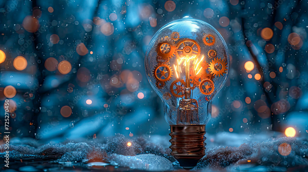 Poster conceptual image with lightbulb with moving gears as a symbol of an idea on dark background