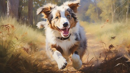 A lively Australian shepherd pup with a spotty coat and a playful spirit.
