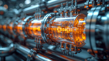 Industrial high tech transparent glowing translucent energy shell and tube heat exchangers with pipes futuristic with energy and fuel equipment in oil refinery