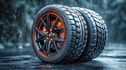Car tires on a dark background. 3d illustration. Copy space - obrazy, fototapety, plakaty