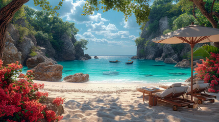 Tropical beach with sunbeds and umbrellas, sea summer resort - obrazy, fototapety, plakaty
