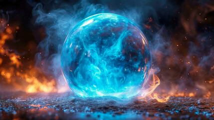 Crystal ball energy magic sphera with blue smoke on a black background