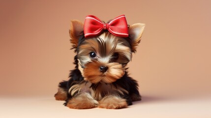 A playful Yorkshire terrier pup with a stylish bow on its head.