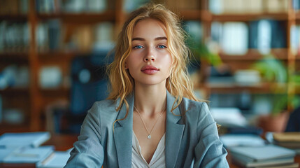 Portrait of a young businesswoman sitting at the table in office