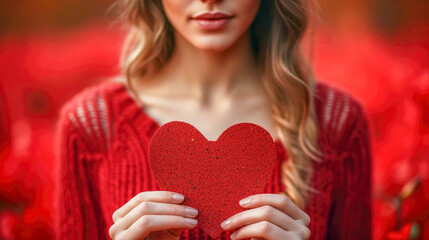 Portrait of a beautiful girl with red heart on a red background