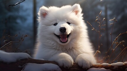 Obraz premium A fluffy samoyed pup with a friendly smile and a playful demeanor.