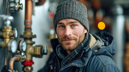 Portrait of a young handsome plumber in uniform working on a heating system