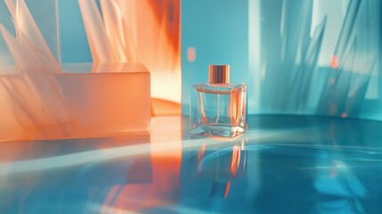  a bottle of perfume sitting on top of a blue table next to a window with sheer curtains in the background. - obrazy, fototapety, plakaty