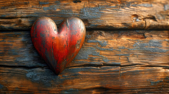 Old wooden heart on the background of an old wooden wall in the village