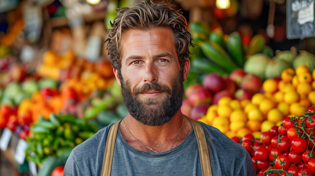 Portrait Of A Handsome Mature Man Seller Standing In Front Of A Vegetable Stall