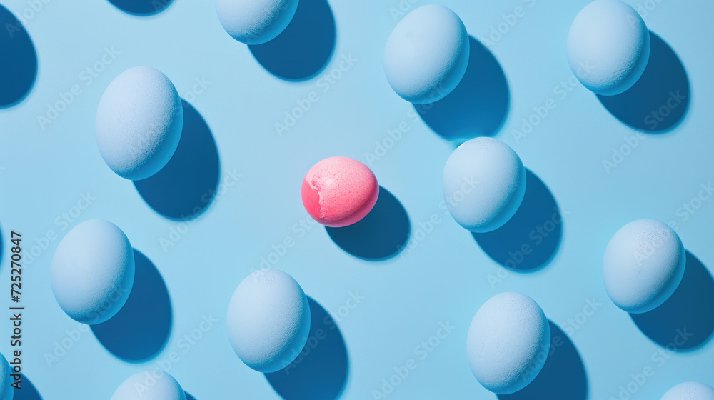 Poster a group of white eggs and a pink one on a blue background with the word hello written in cursive wri