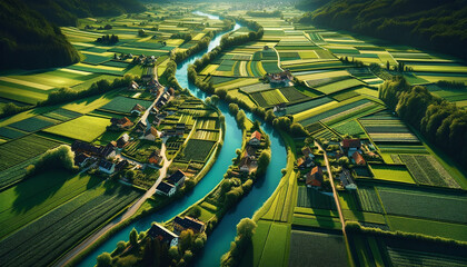 A top-down drone aerial view of a typical European countryside farmland village.  - Powered by Adobe