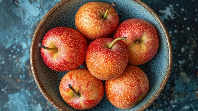  a bowl filled with red apples sitting on top of a blue and white tablecloth on top of a wooden table.