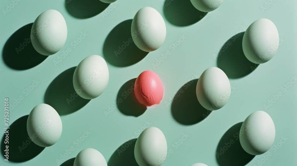 Poster a group of white eggs with one red egg in the middle of the group on a blue background with shadows.