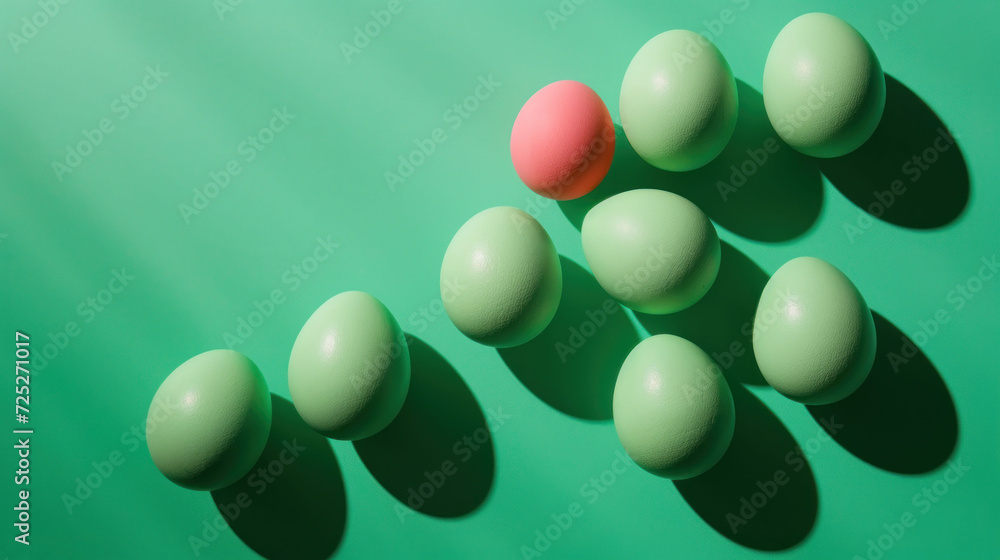 Poster a group of eggs sitting next to each other on top of a green surface with a red one in the middle.