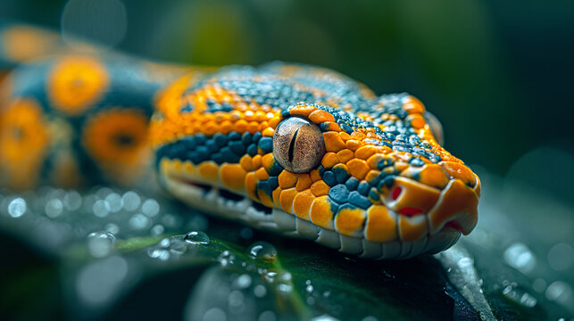 Deadly snake looking into the camera. Exotic snake look at you. Snake eyes. Reptile predator. Aggressive snake face close up. Beautiful abstract wallpaper
