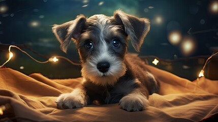 A mischievous schnauzer pup with a twinkle in its eyes.