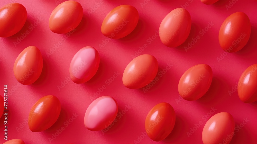 Poster a group of red eggs sitting on top of a red surface in front of a bright red wall with a pattern of 