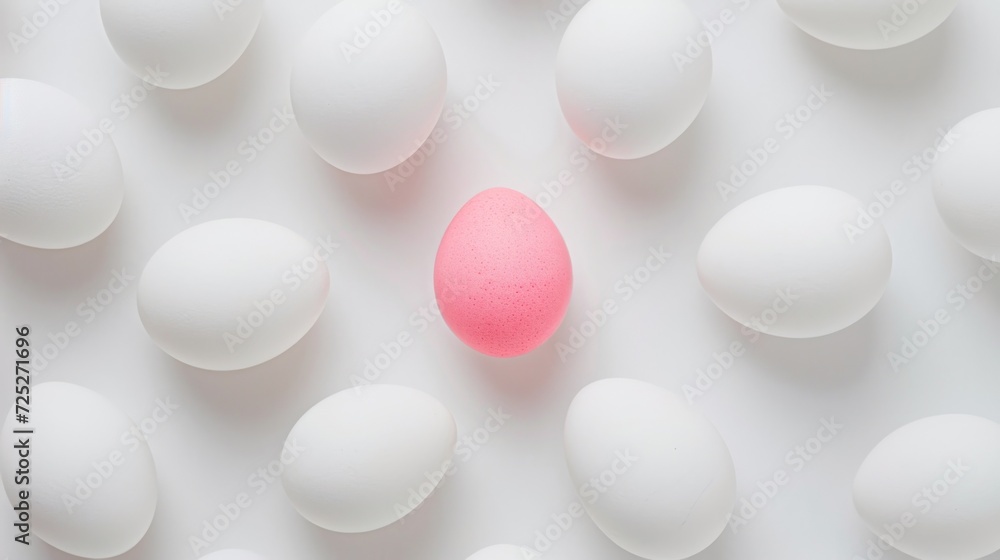 Aufkleber a group of white eggs with a pink egg in the middle on a white surface with a red egg in the middle.