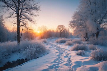 Beautiful view of Winter landscape at sunset