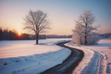 Fototapeta na wymiar Beautiful view of Winter landscape at sunset