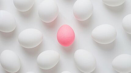  a group of white eggs with a pink egg in the middle on a white surface with a red egg in the middle. - obrazy, fototapety, plakaty