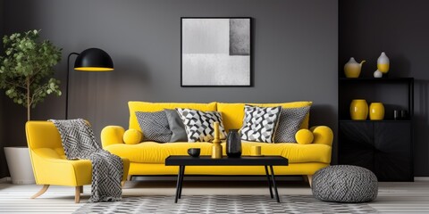 Black and white patterned living room with grey furniture, yellow accents.
