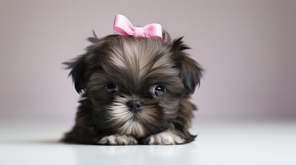 A tiny shih tzu pup with a cute topknot and a button nose.