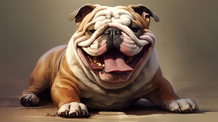A chubby bulldog with a goofy grin and a tongue sticking out. - obrazy, fototapety, plakaty