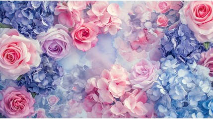  a group of pink and blue flowers on a blue and pink background with water droplets on the petals of the flowers.
