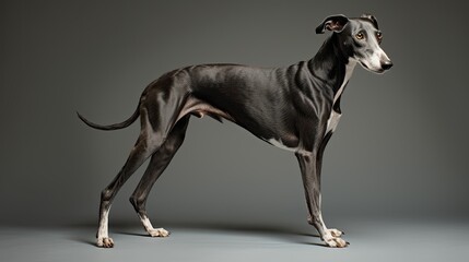 A sleek greyhound pup with a graceful stance and long legs.