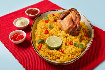 Bowl of traditional chicken biryani on blue background
