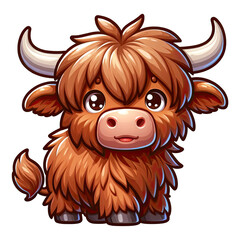 Fluffy Cartoon Highland Cow. Baby Highland Cow Clipart