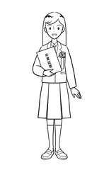 卒業証書を持つ女子高生（線画）