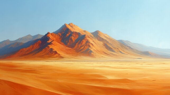  a painting of a desert landscape with a mountain in the distance and a blue sky in the middle of the picture.