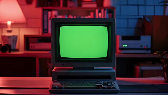 Vintage computer with green screen on desk in dimly lit room, ideal for retro technology concepts