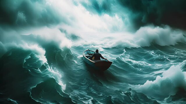 Solitary individual in a small boat facing tumultuous sea waves, depicting challenge and adversity with dramatic lighting and dark tones