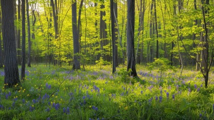  a lush green forest filled with lots of trees and blue and yellow flowers in the middle of a lush green forest filled with lots of trees and blue and yellow flowers in the middle.