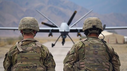 Soldier are using drone for scouting during military operation.