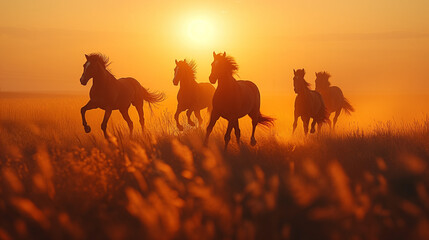 Majestic horses galloping freely across a vast prairie against a sunset